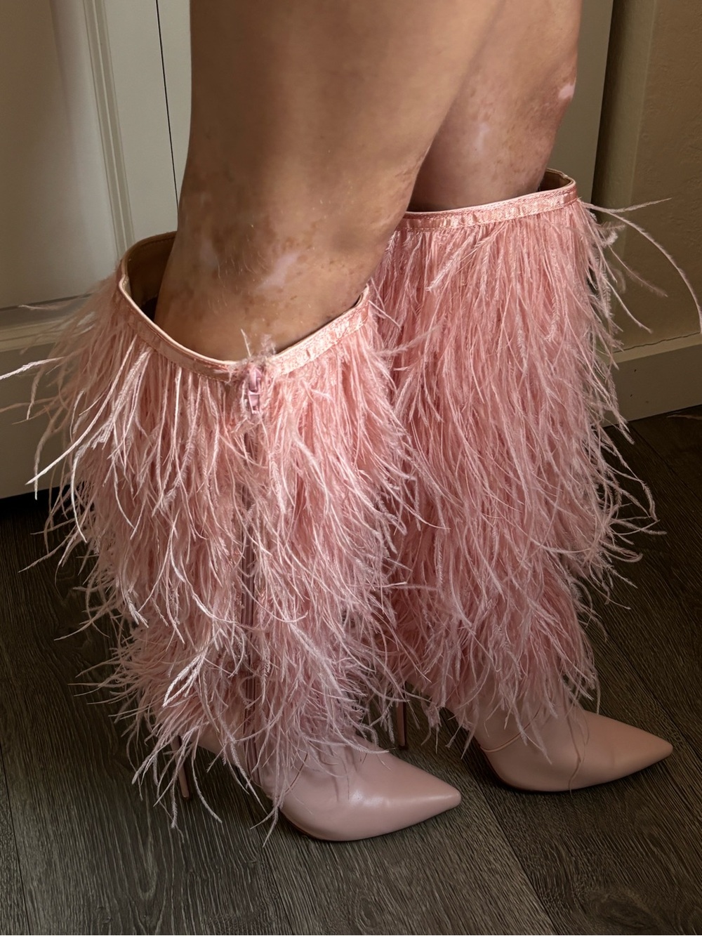 Pink Feather Knee-High Stiletto Boots - Picture 3 of 4